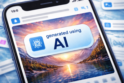 Nahaufnahme eines Smartphone-Displays mit einem Button, auf dem 'powered using AI' steht