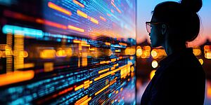 Frau vor digitaler Wand