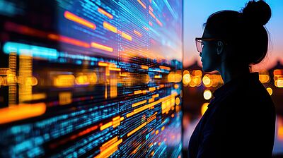 Frau vor digitaler Wand