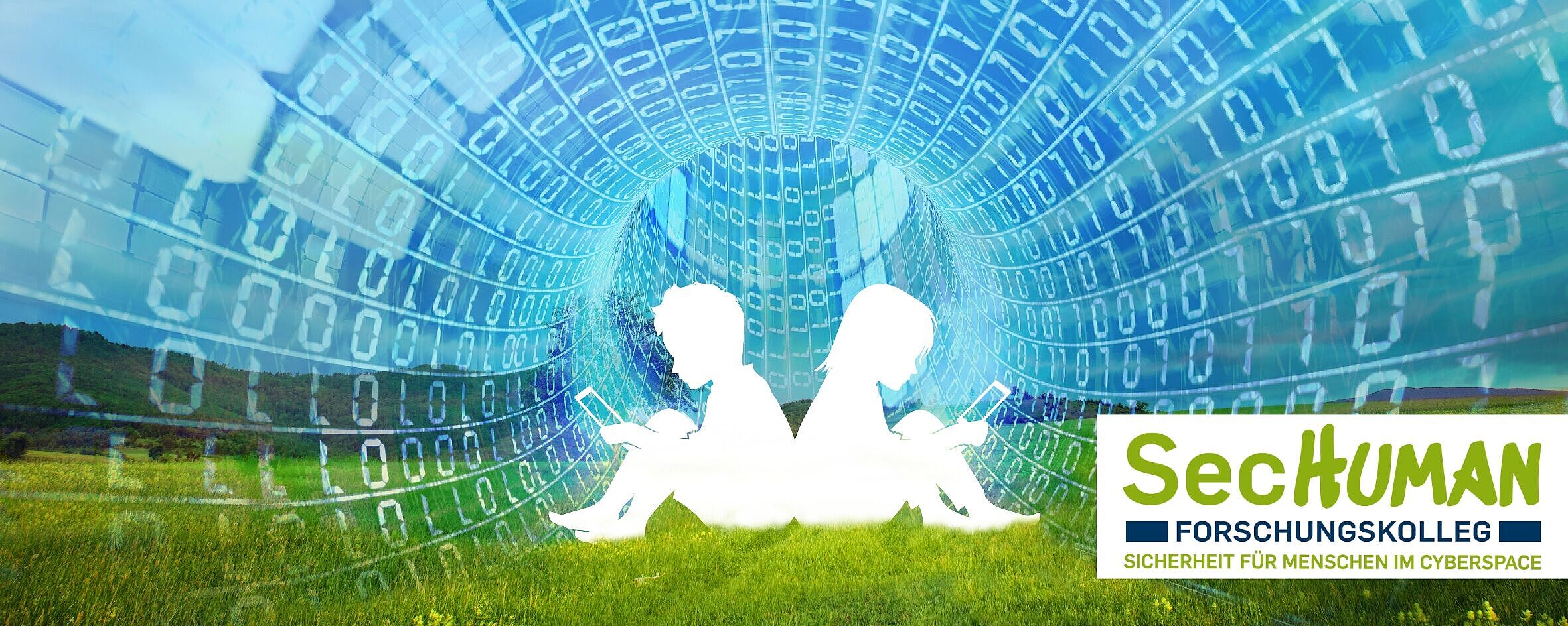 Silhouettes of two people sitting back to back on grass in front of a tunnel made of binary numbers.