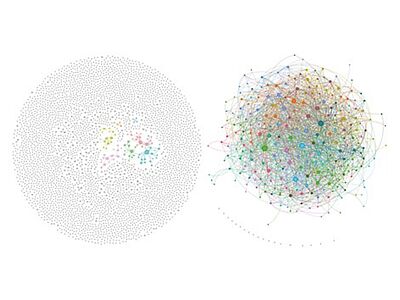 The graphic shows a network of colorful, interconnected dots.
