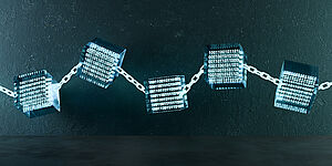 The image shows a graphic illustration of a blockchain.